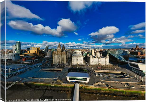Panoramic view of a modern cityscape under a blue sky with fluffy clouds in Liverpool, UK. Canvas Print by Man And Life