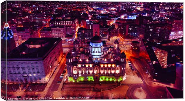 Aerial night view of an illuminated cityscape with historic architecture in Liverpool, UK. Canvas Print by Man And Life