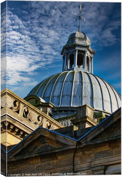 Dome of a classic building against a blue sky with clouds in Harrogate, England. Canvas Print by Man And Life