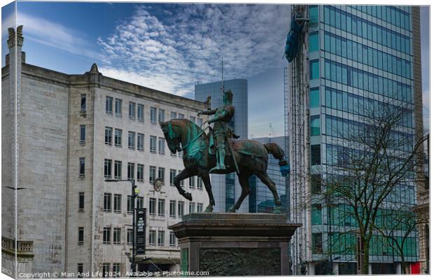 Equestrian statue in urban setting with modern buildings and cloudy sky in the background in Leeds, UK. Canvas Print by Man And Life