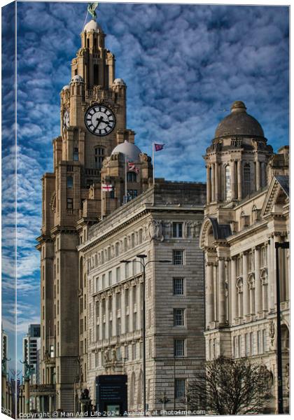 Historic Liver Building in Liverpool with clock tower under a cloudy sky, iconic architecture. Canvas Print by Man And Life