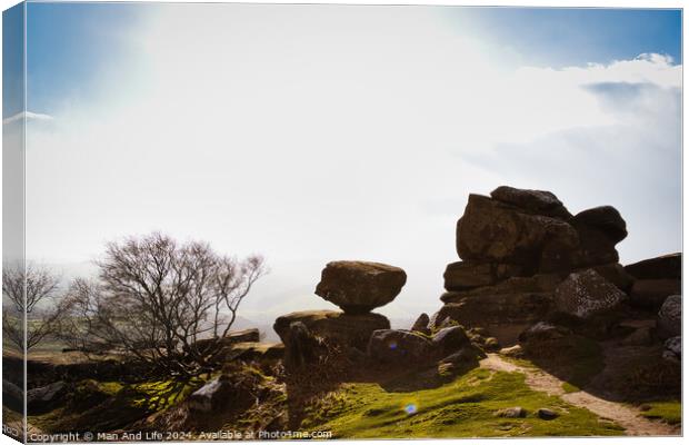 Sunny landscape with silhouetted rock formations and a clear sky at Brimham Rocks, in North Yorkshire Canvas Print by Man And Life