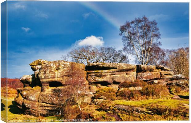 Scenic view of a rocky outcrop with a lone tree against a blue sky with a faint rainbow in the countryside at Brimham Rocks, in North Yorkshire Canvas Print by Man And Life