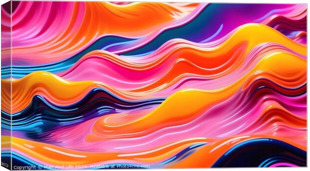 Vibrant abstract wavy background in pink, orange, and blue hues, suitable for dynamic wallpaper or graphic design. Canvas Print by Man And Life