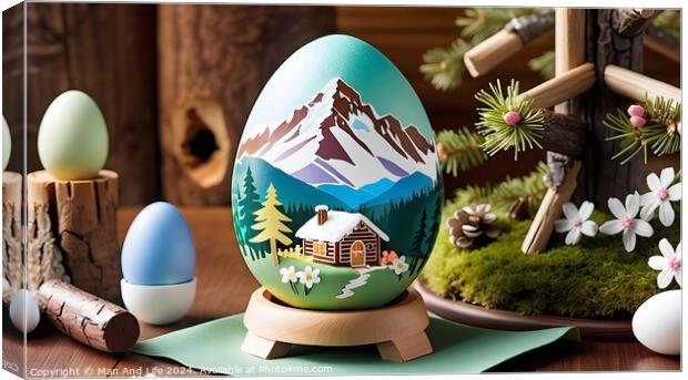 Hand-painted Easter egg with mountain landscape, surrounded by spring decor. Canvas Print by Man And Life