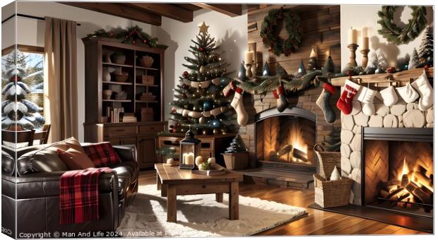 Cozy Christmas living room with decorated tree, fireplace, and stockings. Canvas Print by Man And Life