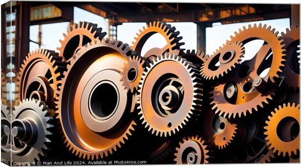 Assorted metal gears and cogs with industrial look on a dark background. Canvas Print by Man And Life