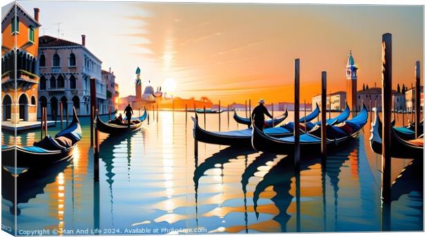 Scenic view of gondolas on tranquil water with a vibrant sunset in Venice, Italy, reflecting warm hues on the Grand Canal against a picturesque city backdrop. Canvas Print by Man And Life
