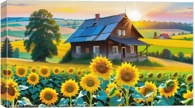 Idyllic rural scene with a wooden cottage amidst vibrant sunflower fields at sunset. Canvas Print by Man And Life