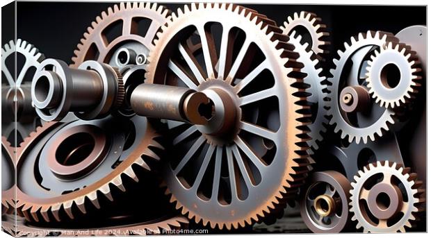 Assorted metal gears and cogs in a machinery concept on a black background. Canvas Print by Man And Life