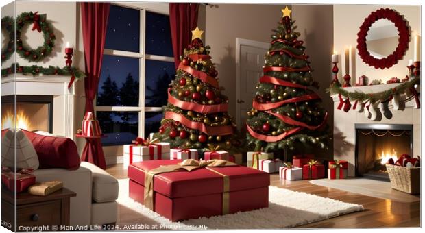 Cozy Christmas living room interior with decorated trees, gifts, and fireplace at twilight. Canvas Print by Man And Life