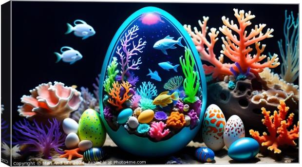 Colorful Easter egg with underwater scene among coral reefs on dark background, blending holiday and marine life concepts. Canvas Print by Man And Life