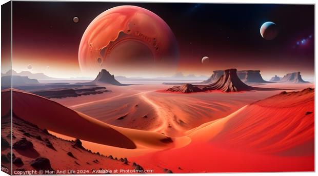 Surreal alien landscape with red sand dunes under a starry sky, featuring multiple large planets rising on the horizon, evoking a sense of exploration and science fiction. Canvas Print by Man And Life