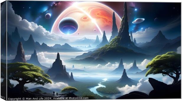 Surreal fantasy landscape with majestic mountains, ethereal trees, and a sky graced by giant planets, moons, and a distant galaxy, evoking a sense of otherworldly adventure. Canvas Print by Man And Life