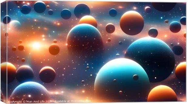 Abstract cosmic background with colorful 3D spheres and stars, depicting a surreal space scene. Canvas Print by Man And Life