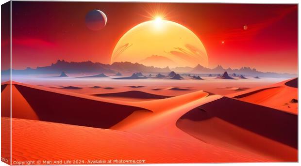 Surreal alien landscape with red sand dunes under a large sun with two moons in the sky, depicting a science fiction or fantasy scene on an extraterrestrial planet. Canvas Print by Man And Life