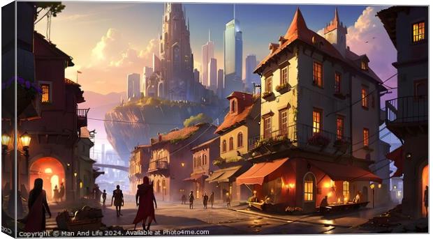 Fantasy cityscape with a bustling street, traditional houses, and futuristic skyscrapers in the background at sunset. Canvas Print by Man And Life