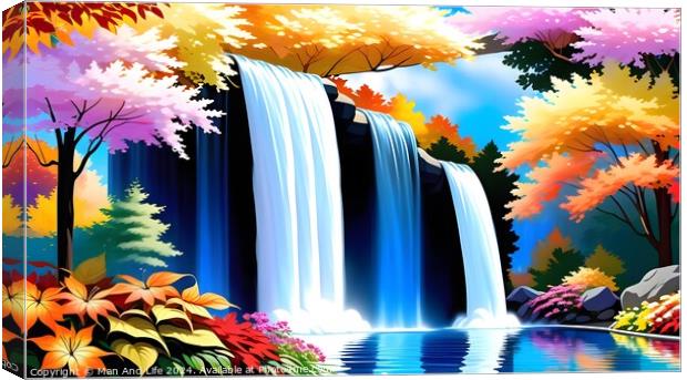 Vibrant digital artwork of a majestic waterfall with a cascade of blue water, surrounded by colorful autumn trees and foliage reflecting in a serene pond. Canvas Print by Man And Life