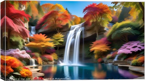 Vibrant autumn landscape with a serene waterfall cascading into a tranquil blue pond, surrounded by colorful foliage and lush greenery. Canvas Print by Man And Life