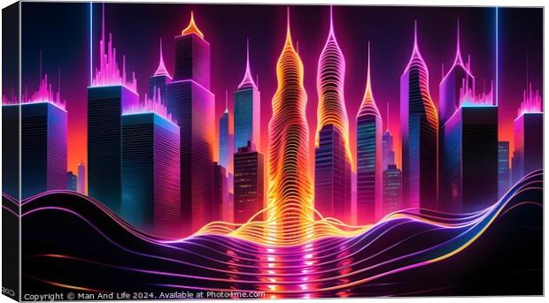 Futuristic city skyline with neon lights and digital wave patterns, concept art for cyberpunk and technology. Canvas Print by Man And Life