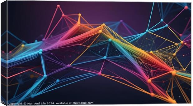 Colorful digital network connections with nodes and lines on a dark background, representing a concept of technology and connectivity. Canvas Print by Man And Life