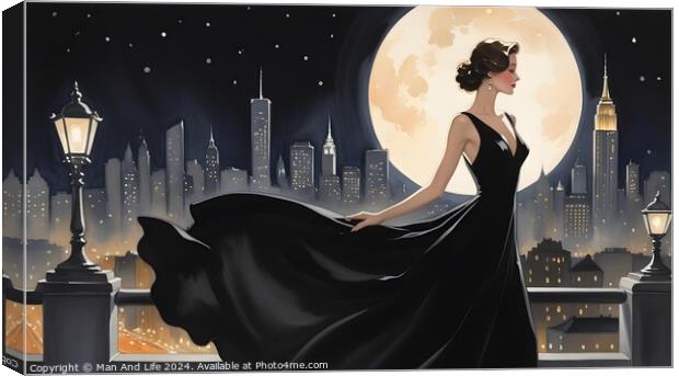 Elegant woman in vintage dress against city skyline and full moon, evoking romantic, retro atmosphere. Canvas Print by Man And Life