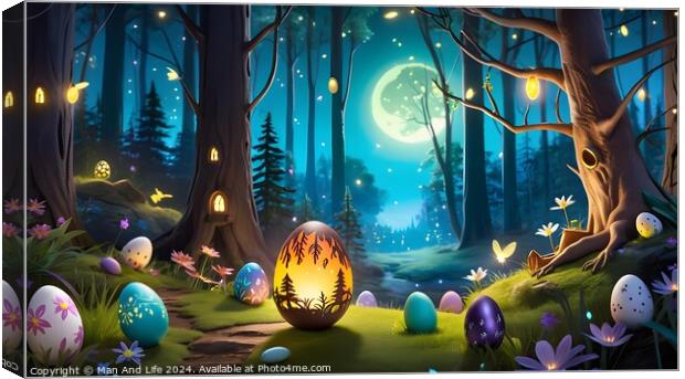 Enchanted forest at night with glowing eggs and magical lights, suitable for fantasy themes. Canvas Print by Man And Life