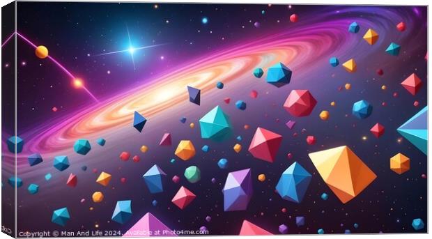 Colorful digital illustration of a vibrant galaxy with floating geometric shapes and a bright starburst. Canvas Print by Man And Life