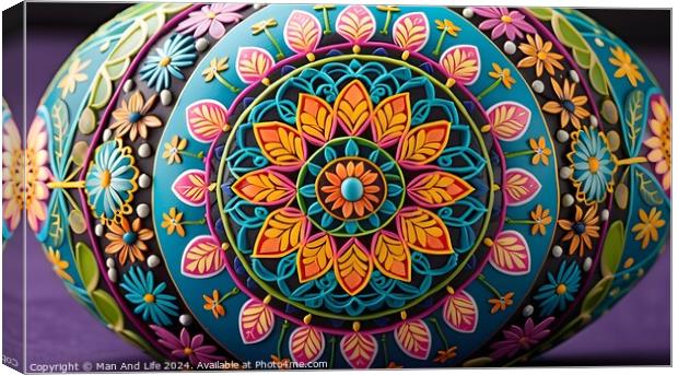 Colorful hand-painted mandala on spherical object with intricate floral patterns against a purple background. Canvas Print by Man And Life
