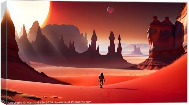 A lone astronaut explores a vast alien desert with towering rock formations under a large red sun and a distant planet, conveying exploration and adventure on an extraterrestrial world. Canvas Print by Man And Life