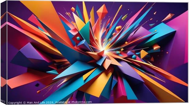 Vibrant abstract explosion of shapes and colors on a dynamic purple background, suitable for creative or energetic themes. Canvas Print by Man And Life