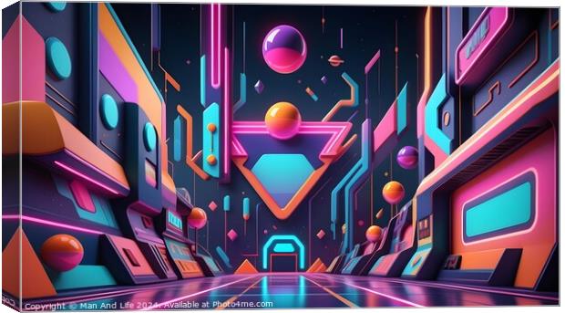 Futuristic neon cityscape with abstract shapes and floating orbs in a vibrant cyberpunk alleyway. Canvas Print by Man And Life