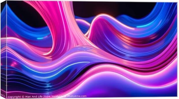 Abstract digital art with flowing pink and blue neon waves on a dark background, suitable for modern design backgrounds or wallpapers. Canvas Print by Man And Life