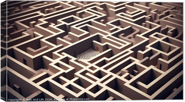 Complex wooden maze with a solution path leading to the center. Concept of challenge, strategy, and problem-solving. Canvas Print by Man And Life