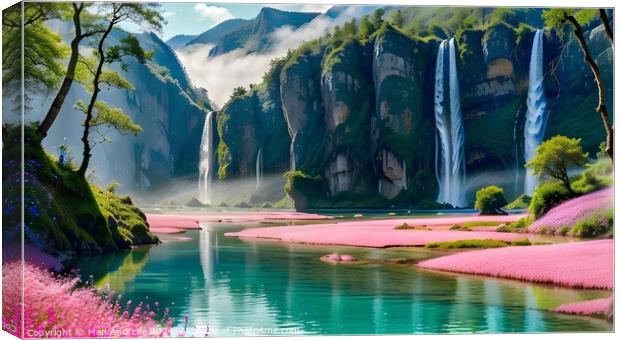 Scenic view of majestic waterfalls with pink flower fields by a tranquil river and lush green cliffs. Canvas Print by Man And Life