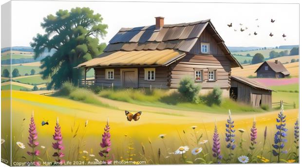 Idyllic rural landscape with a wooden cottage, blooming flowers, and birds in a serene countryside setting. Canvas Print by Man And Life