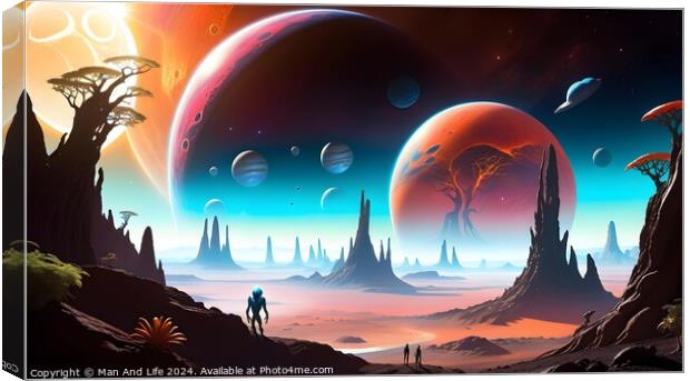 Surreal alien landscape with towering rock formations, multiple moons, and a couple gazing at the horizon under a starry sky, evoking adventure and exploration. Canvas Print by Man And Life