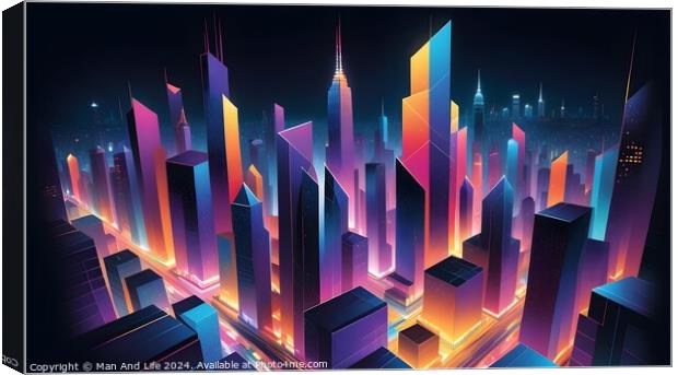 Futuristic cityscape with neon lights and skyscrapers at night, digital art concept. Canvas Print by Man And Life