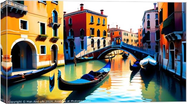 Colorful digital artwork of a Venetian canal with gondolas and traditional buildings reflecting in the water, capturing the essence of Venice, Italy. Canvas Print by Man And Life