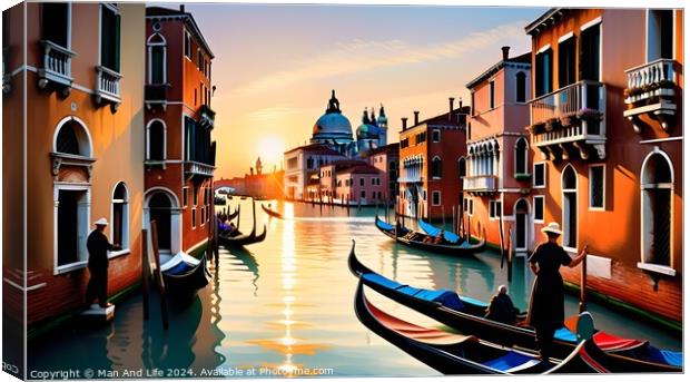Scenic view of the Grand Canal in Venice with gondolas and historic buildings during sunset, reflecting the warm glow of the sun on the water. Canvas Print by Man And Life
