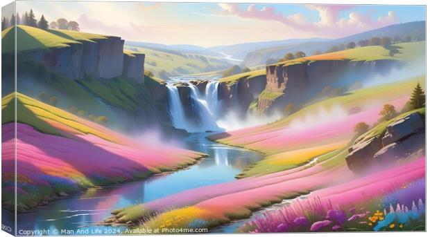 Idyllic landscape with waterfalls, river, and colorful fields under a soft, sunny sky. Canvas Print by Man And Life