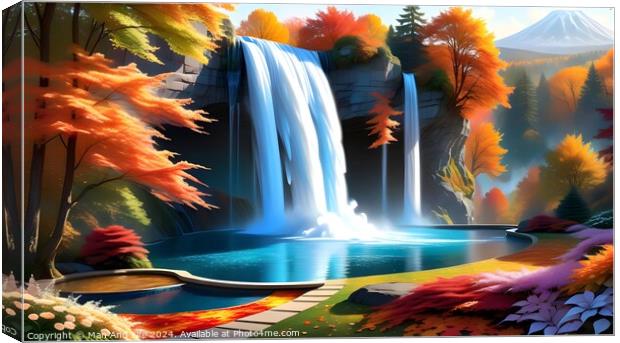 Vibrant digital art of a serene waterfall with autumn-colored trees and a tranquil blue pond, set against a backdrop of a distant mountain and clear sky. Canvas Print by Man And Life