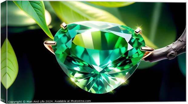 Brilliant green gemstone with facets reflecting light, elegantly held by prongs in a setting, against a backdrop of lush leaves and dark background. Canvas Print by Man And Life