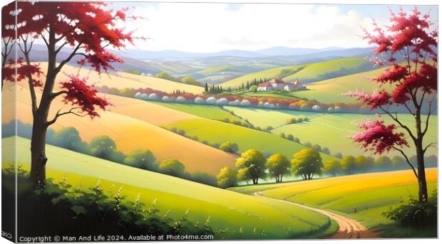 Idyllic landscape painting with vibrant rolling hills, a winding path, and red trees under a sunny sky, perfect for backgrounds or tranquil scenes. Canvas Print by Man And Life