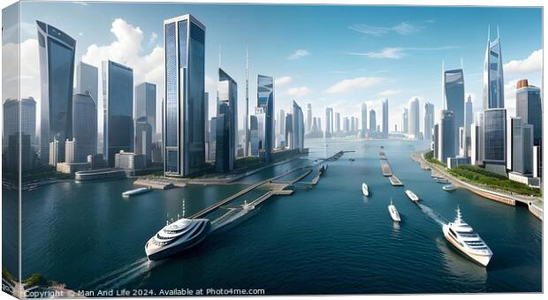 Futuristic cityscape with skyscrapers and waterways, modern boats cruising under clear skies. Canvas Print by Man And Life