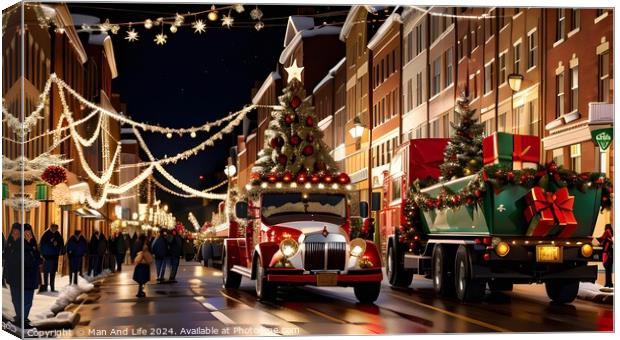 Festive holiday street with Christmas lights and decorations, featuring a tree and gifts on a vintage truck. Canvas Print by Man And Life