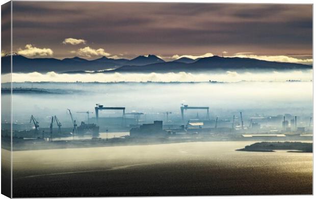 Belfast Harbour Cranes and Mourne Mountains Canvas Print by ANDY MORROW