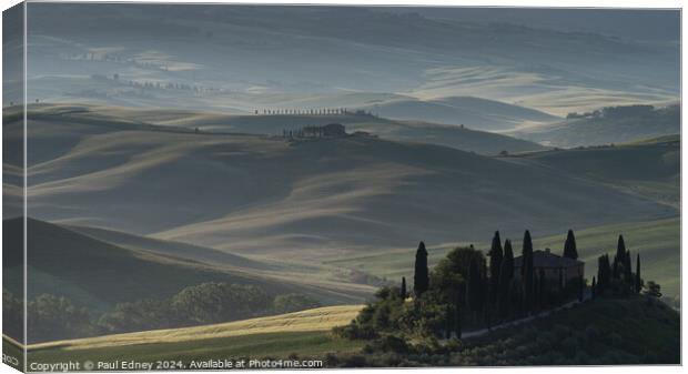 Misty start at Belvedere, Val D'Orcia, Tuscany, Italy Canvas Print by Paul Edney