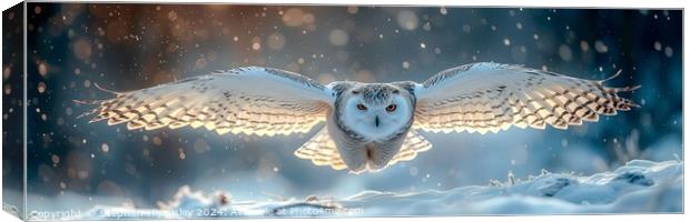 A Snowy owl gliding across the snow. Canvas Print by Stephen Hippisley