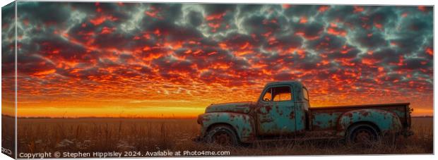 A panoramic image of a vintage pick-up truck during sunset. Canvas Print by Stephen Hippisley
